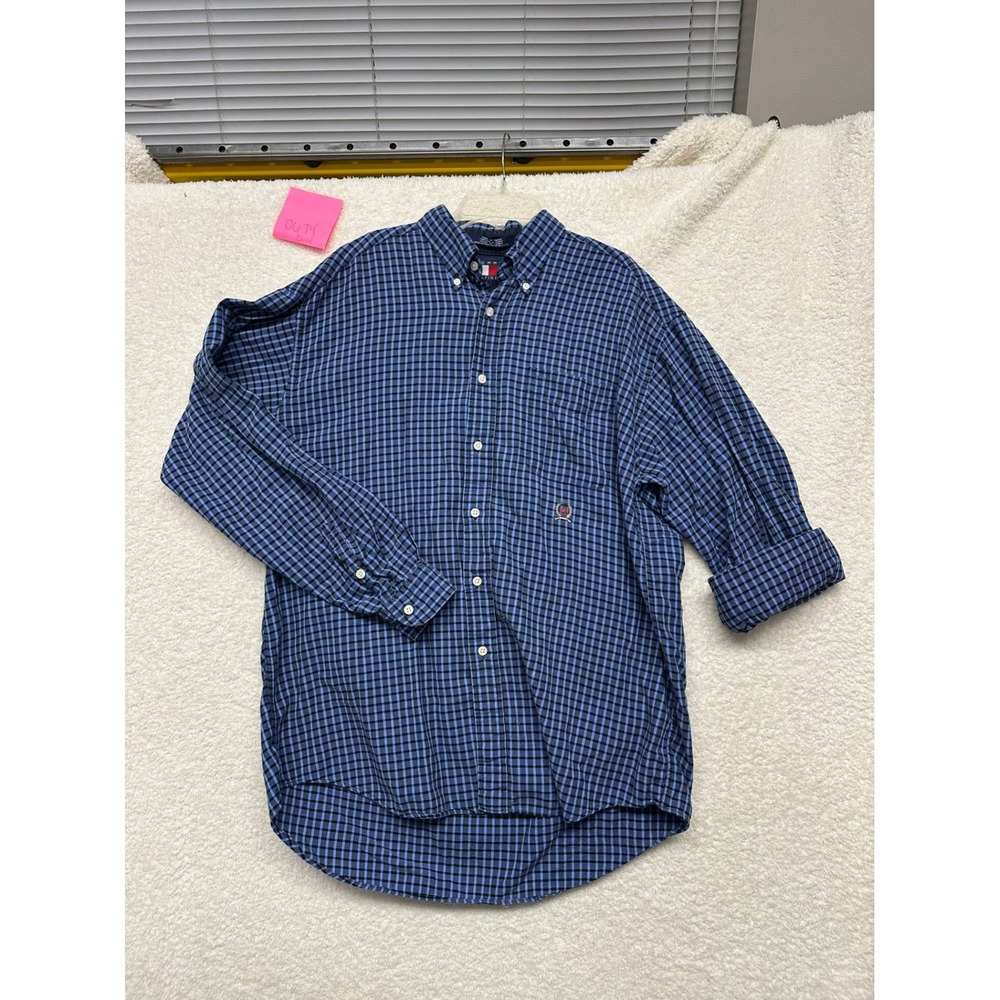 Tommy Hilfiger Mens Blue Black Check Button Down Shirt Long Sleeve Crest Logo L